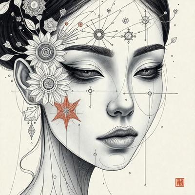The primary subject of the image is a woman with a flower in her hair. She is wearing a star on her face, and there are multiple flowers in the scene. The setting is a drawing or illustration, with a combination of black and white and colorful elements. The visual style is artistic and creative, showcasing the woman's unique appearance and the intricate details of the flowers and star. The colors and mood of the image are vibrant and lively, with a focus on the beauty and individual